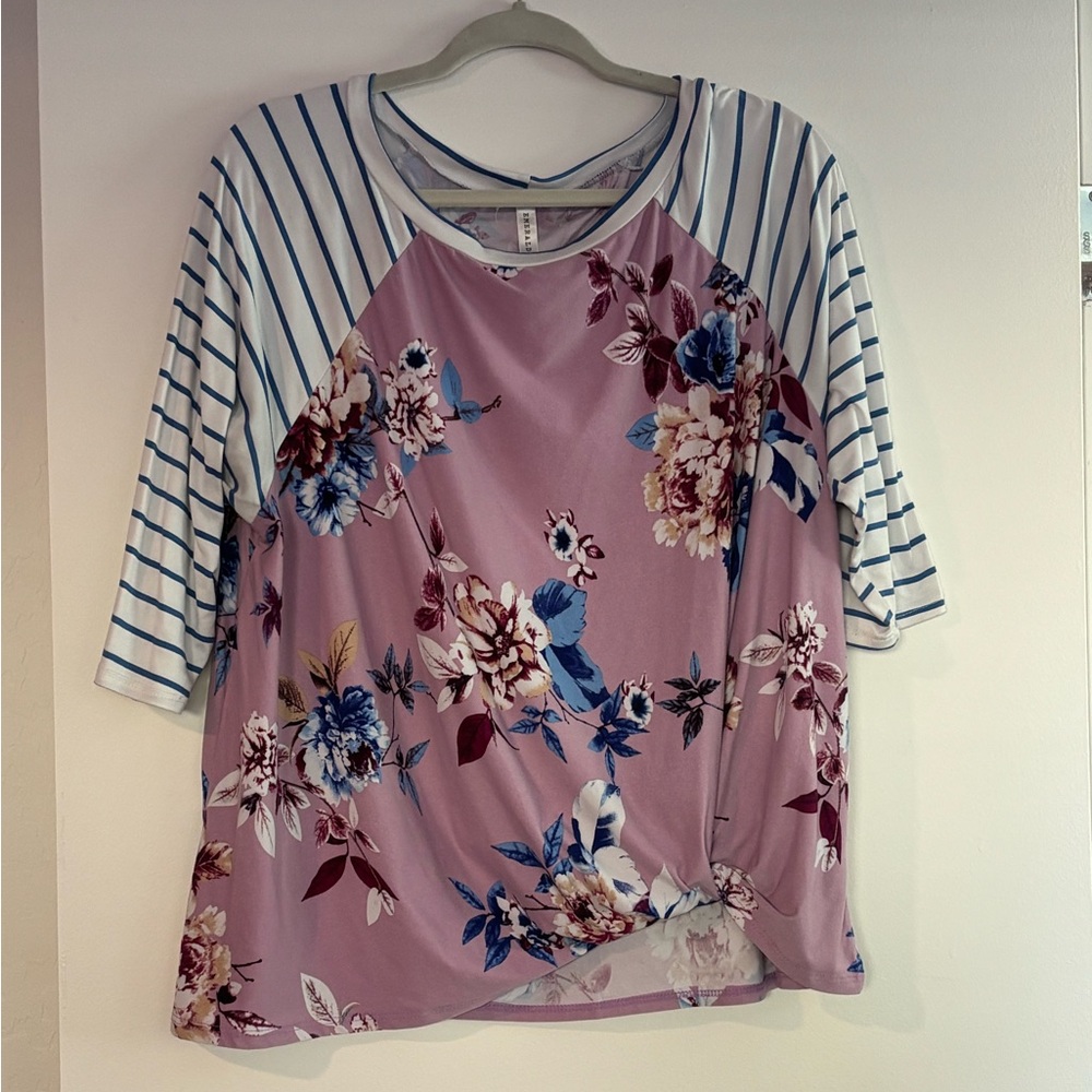 Emerald Pink Floral and Striped Long Sleeve Top